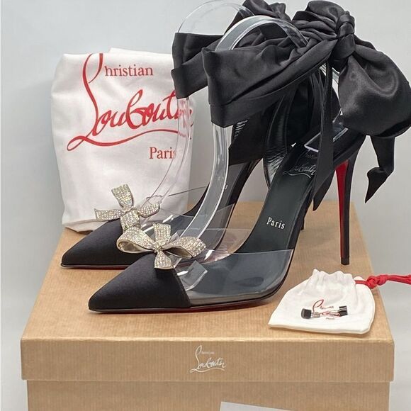 Christian Louboutin ASTRINODO DU DESERT Crystal Bow Silk Tie Heels size 39 - Picture 9 of 11
